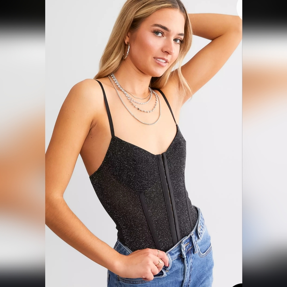Free People Black Shimmer Night Rhythm Sexy & Sultry Bodysuit!! - Picture 3 of 16